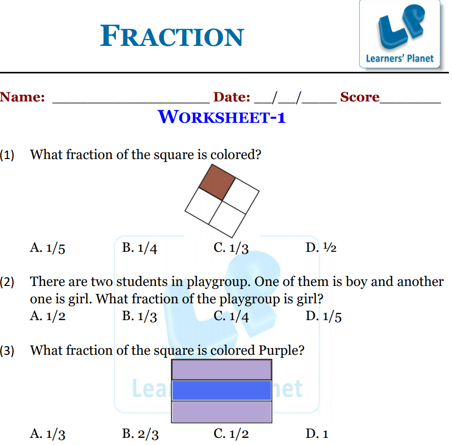 Introduction to fractions MCQ worksheet for grade 1 kids